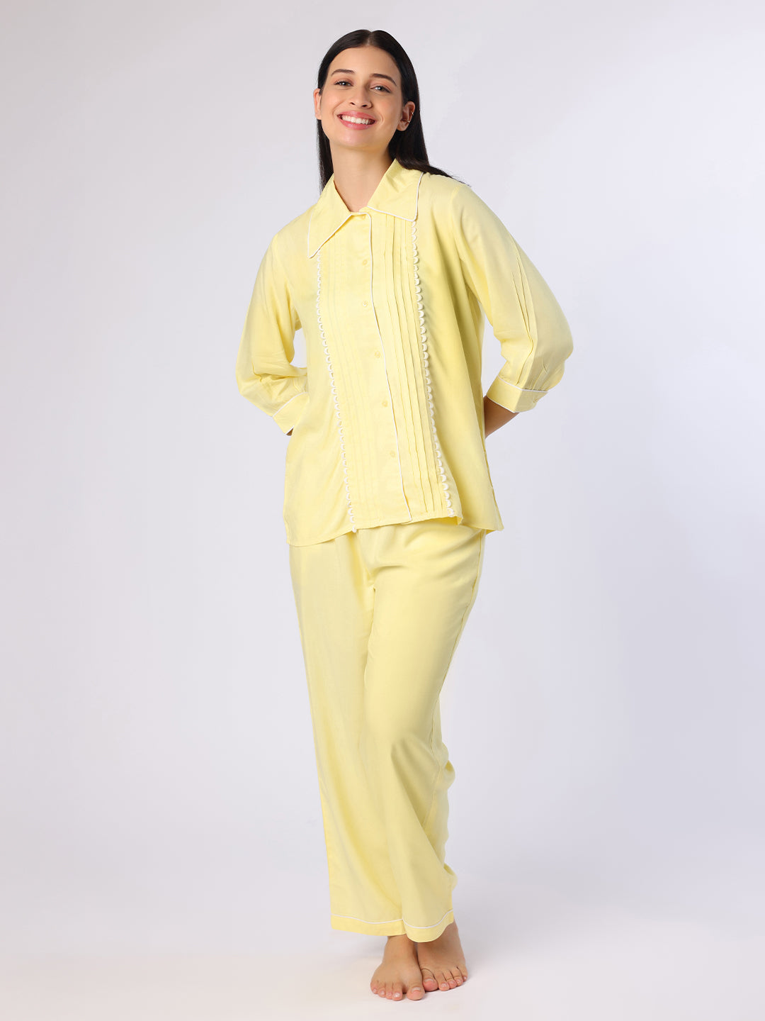 Blanc9 Women Yellow Nightwear With Contrast Piping And Lace
