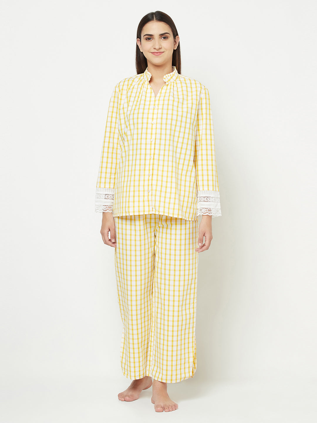 Blanc9 Yellow Checkered With Sleeve Detail Pyjama Set-B9NW26