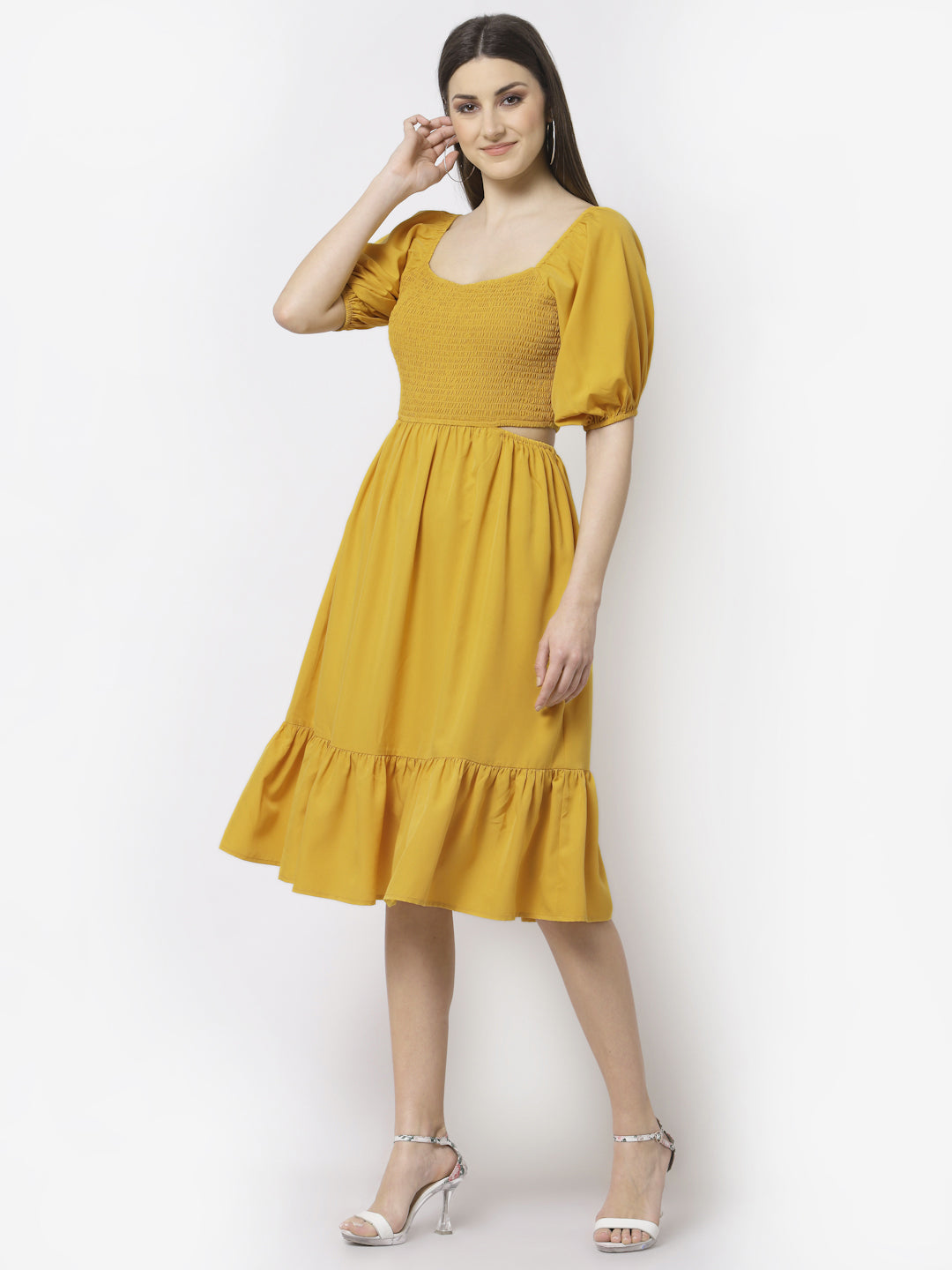 Blanc9 Yellow Cut-out Flared Dress-B9DR82