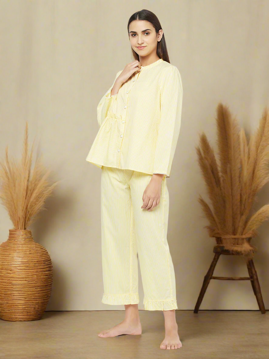 Yellow One Side Frilled Pyjama Set