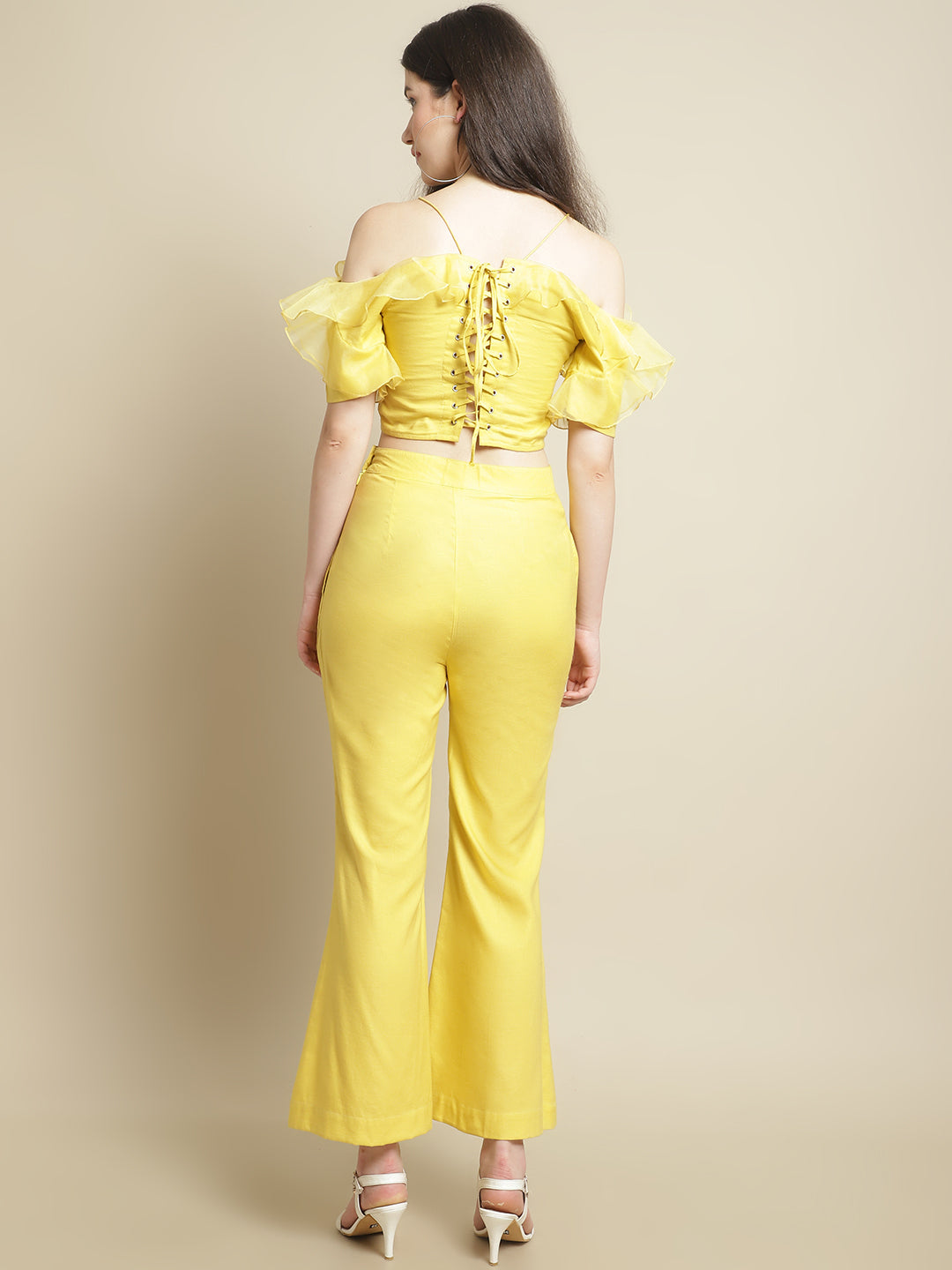 Blanc9 Yellow Organza Frill Crop Top With Trouser-B9ST120