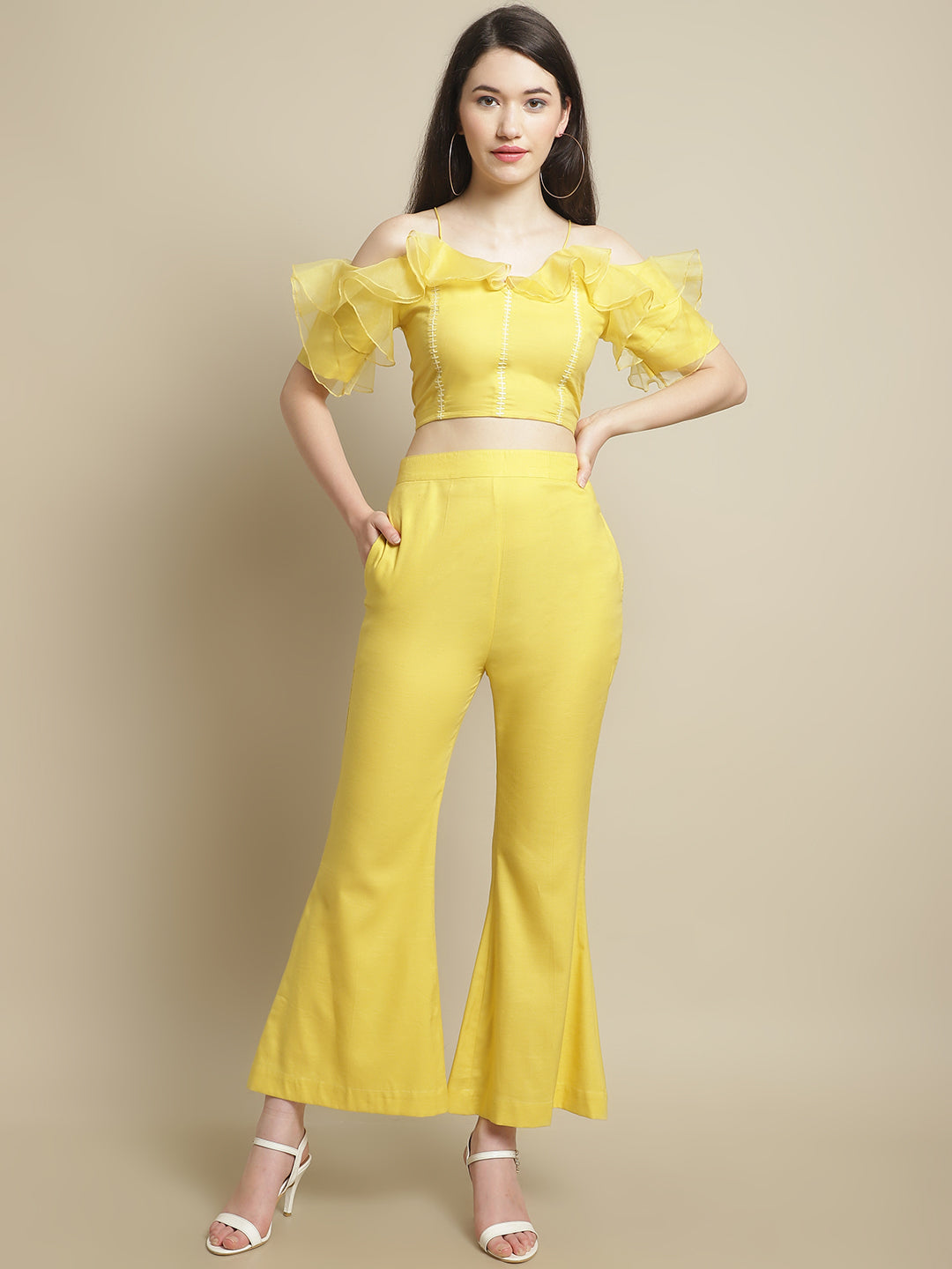 Blanc9 Yellow Organza Frill Crop Top With Trouser-B9ST120