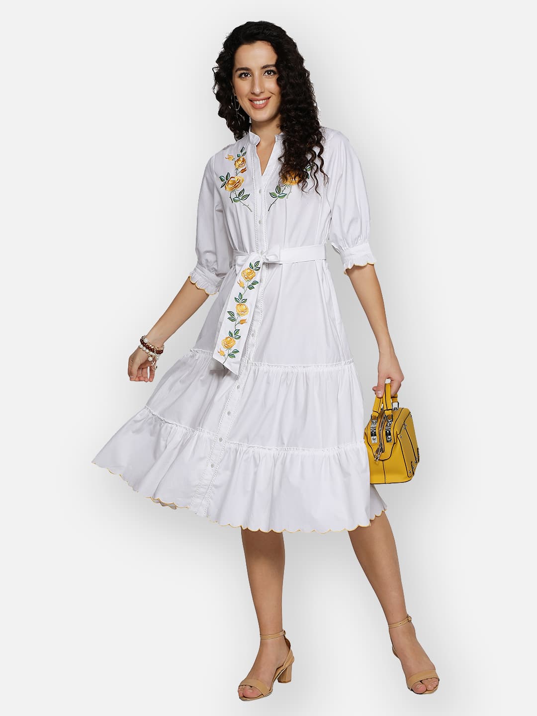 Blanc9 Yellow Rose Embroidery White Dress