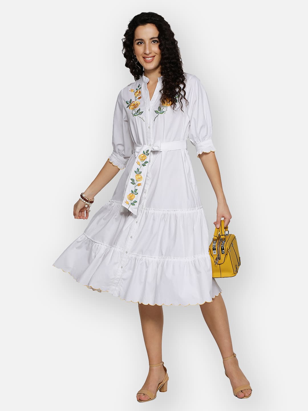Blanc9 Yellow Rose Embroidery White Dress-B9DR71