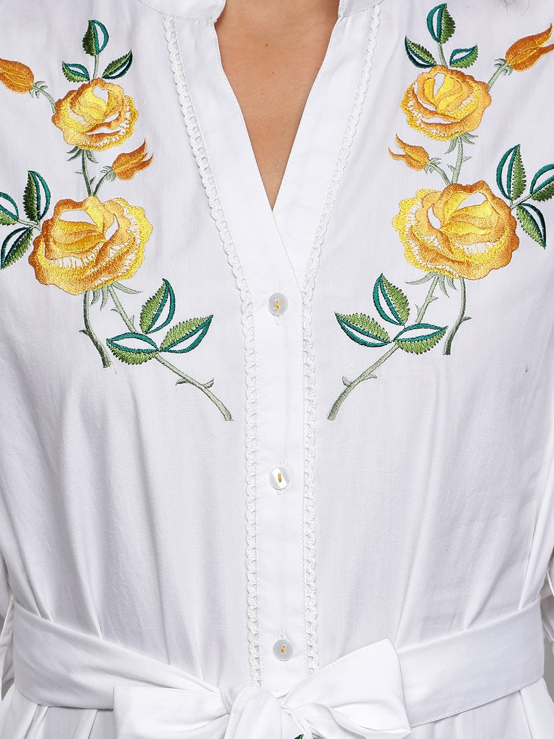 Blanc9 Yellow Rose Embroidery White Dress-B9DR71
