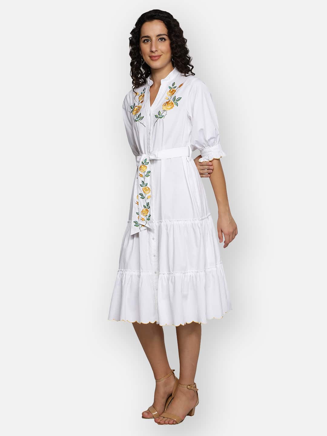 Blanc9 Yellow Rose Embroidery White Dress-B9DR71