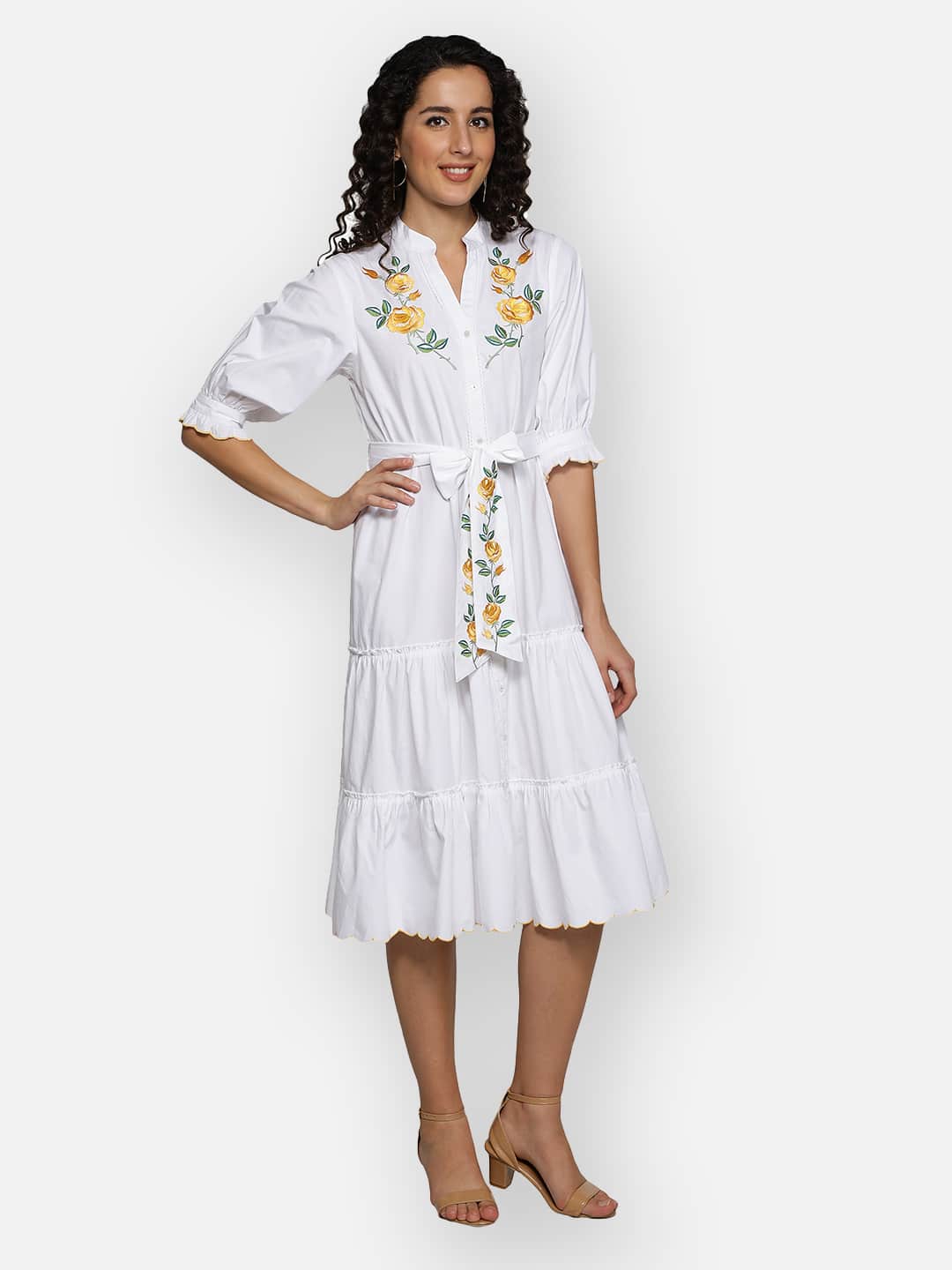 Blanc9 Yellow Rose Embroidery White Dress-B9DR71