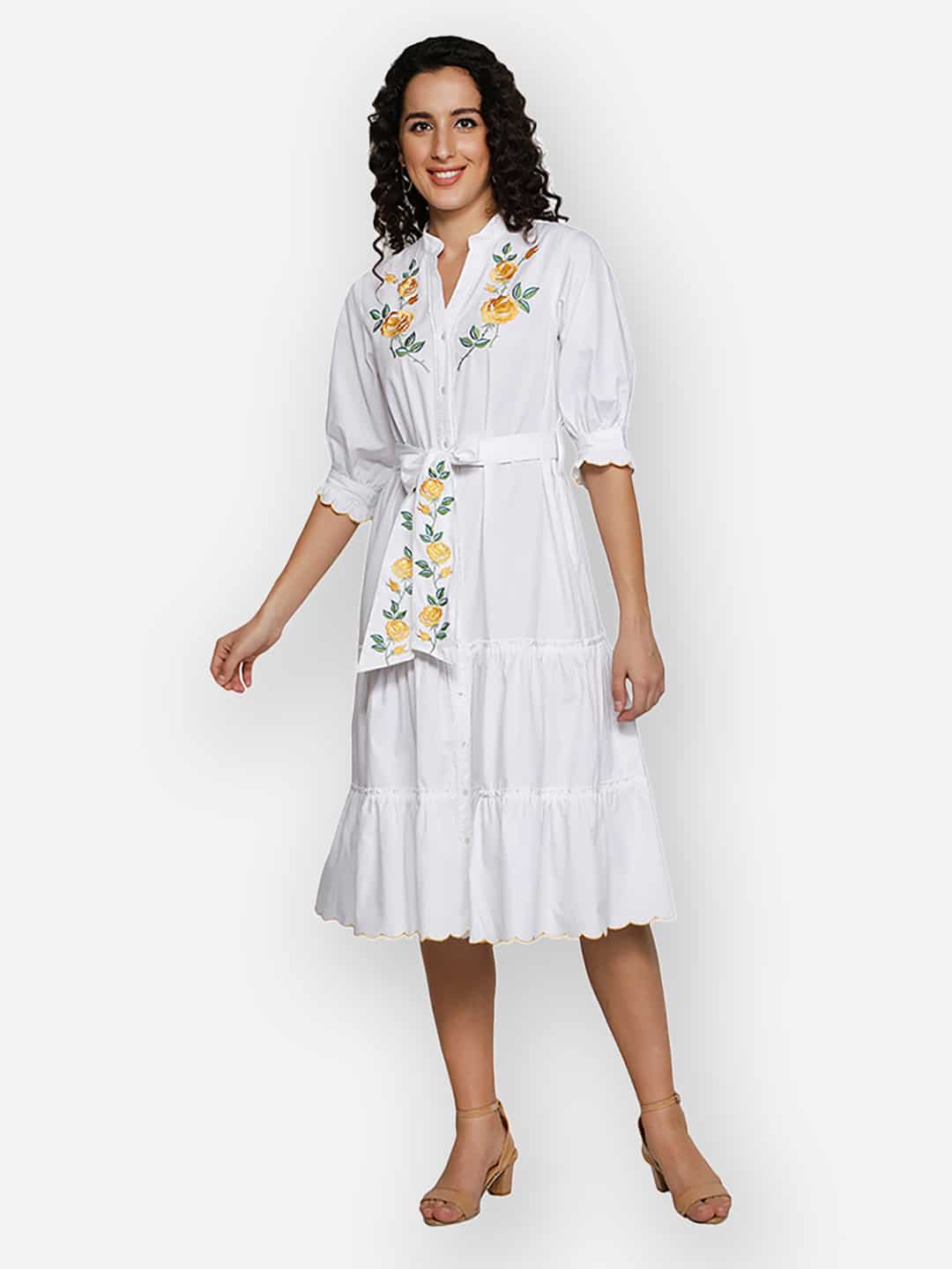 Blanc9 Yellow Rose Embroidery White Dress