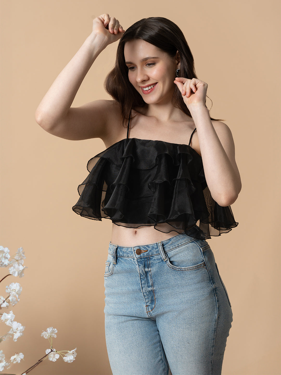 Blanc9 Black organza ruffle top