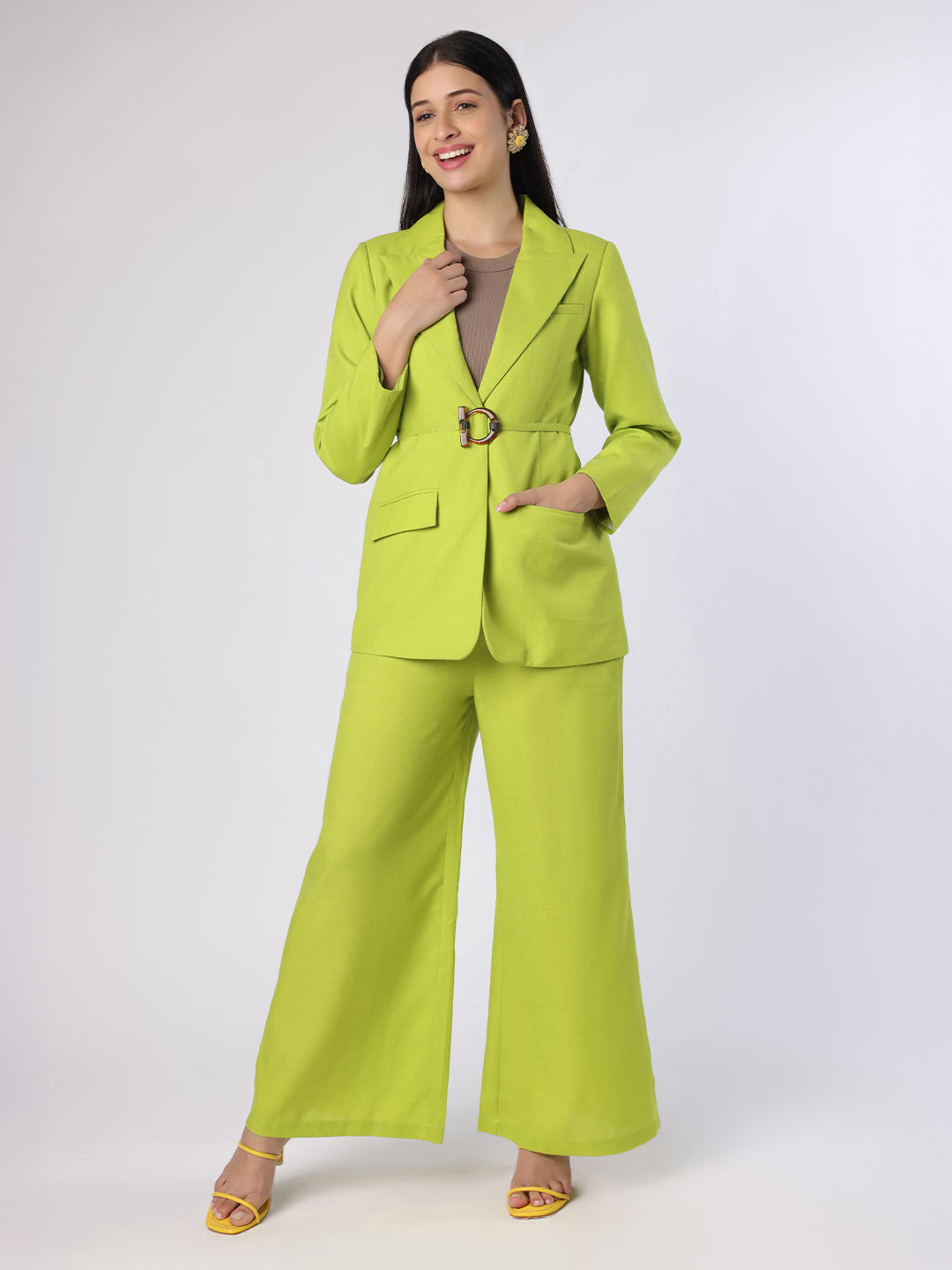 Blanc9 Bright Lime Green Blazer Set with Belt