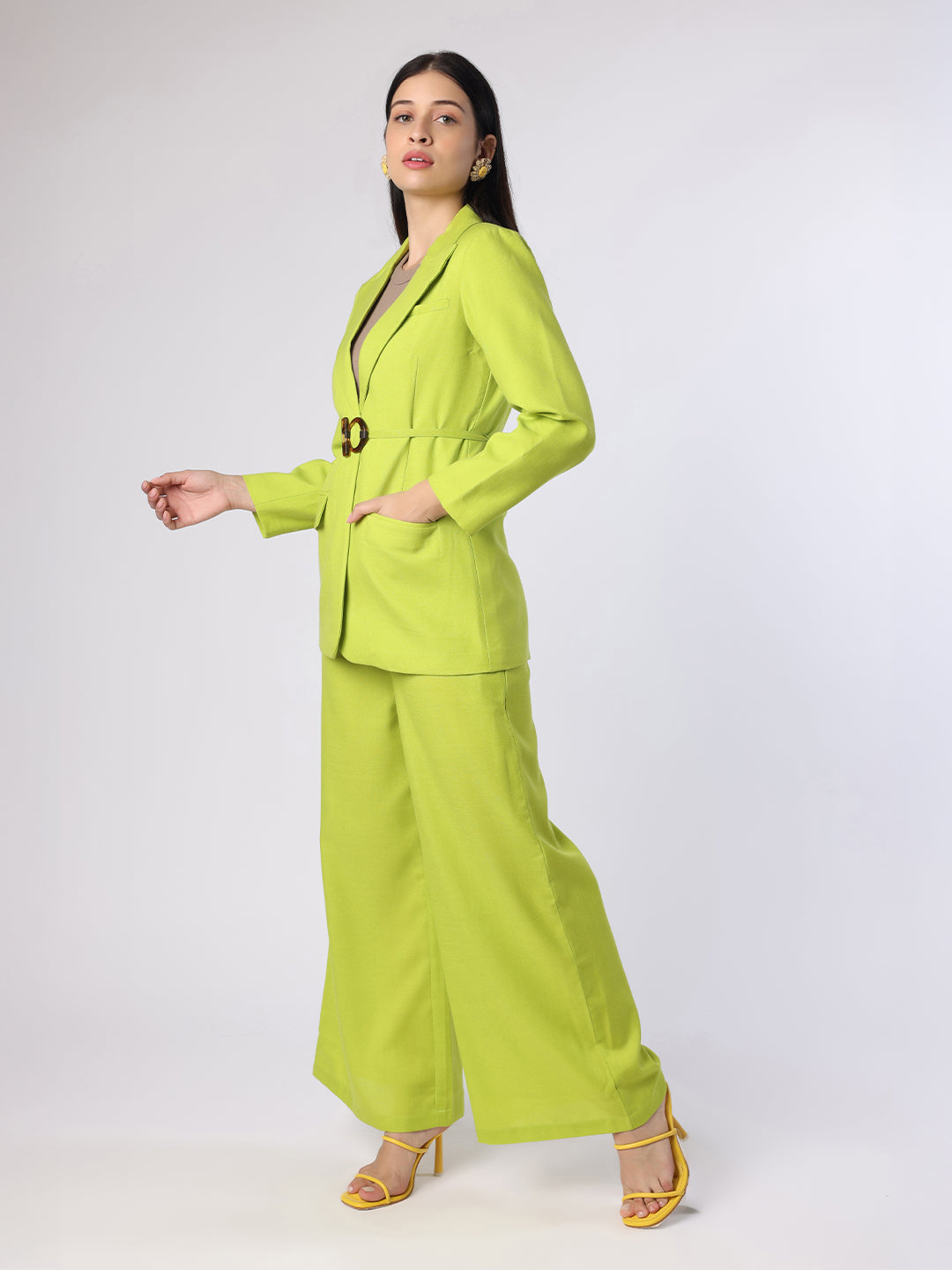 Blanc9 Bright Lime Green Blazer Set with Belt