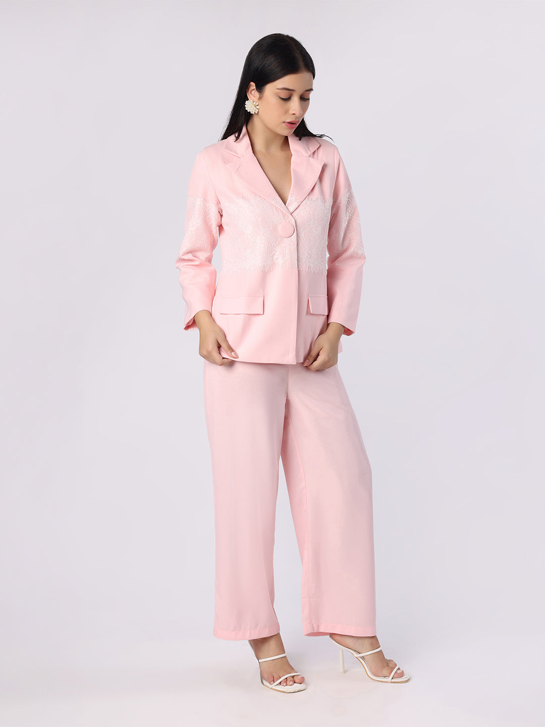 Blanc9 Light Pink Lace Patch Blazer Trouser Set - 1