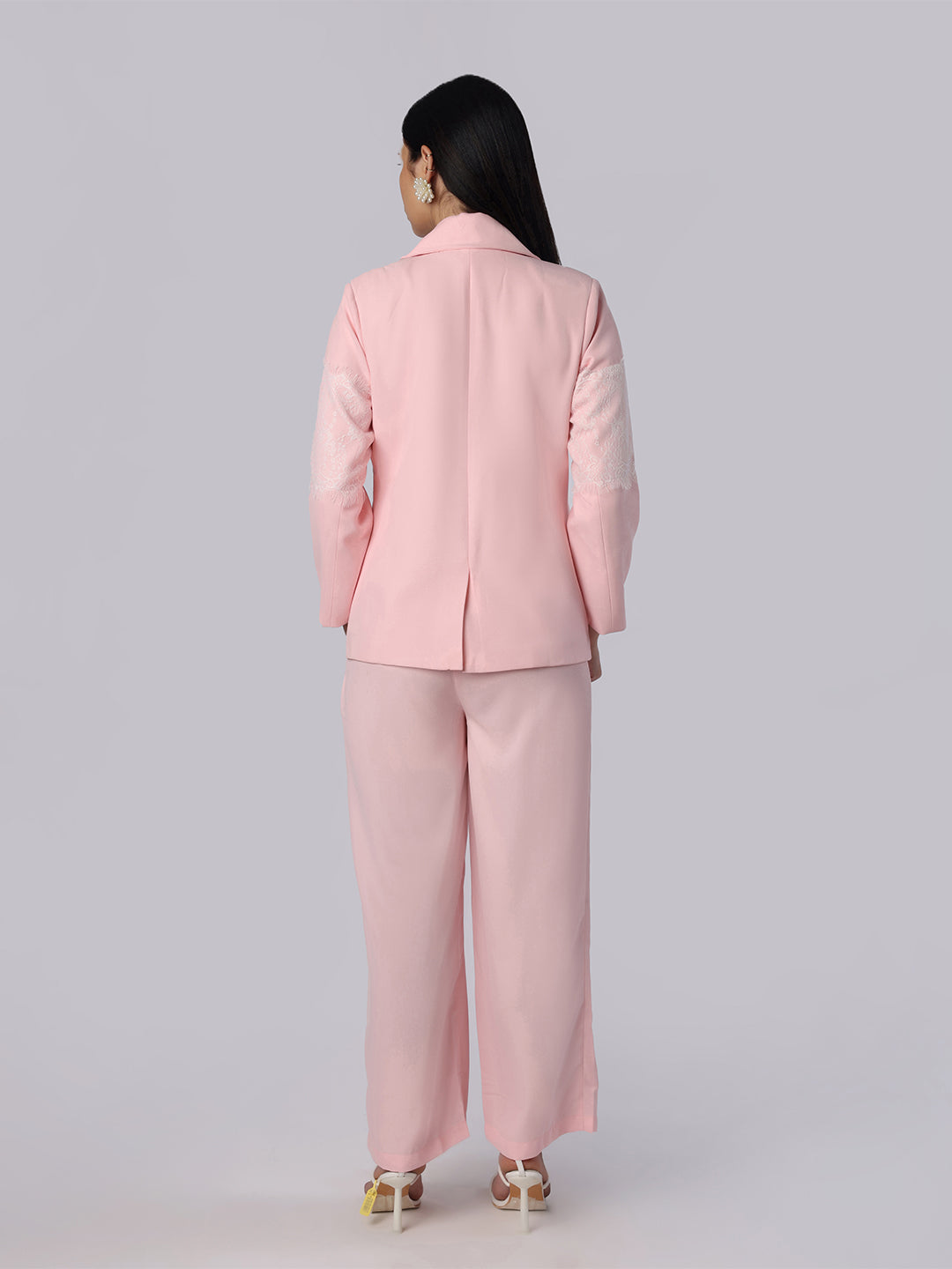 Blanc9 Light Pink Lace Patch Blazer Trouser Set - 1
