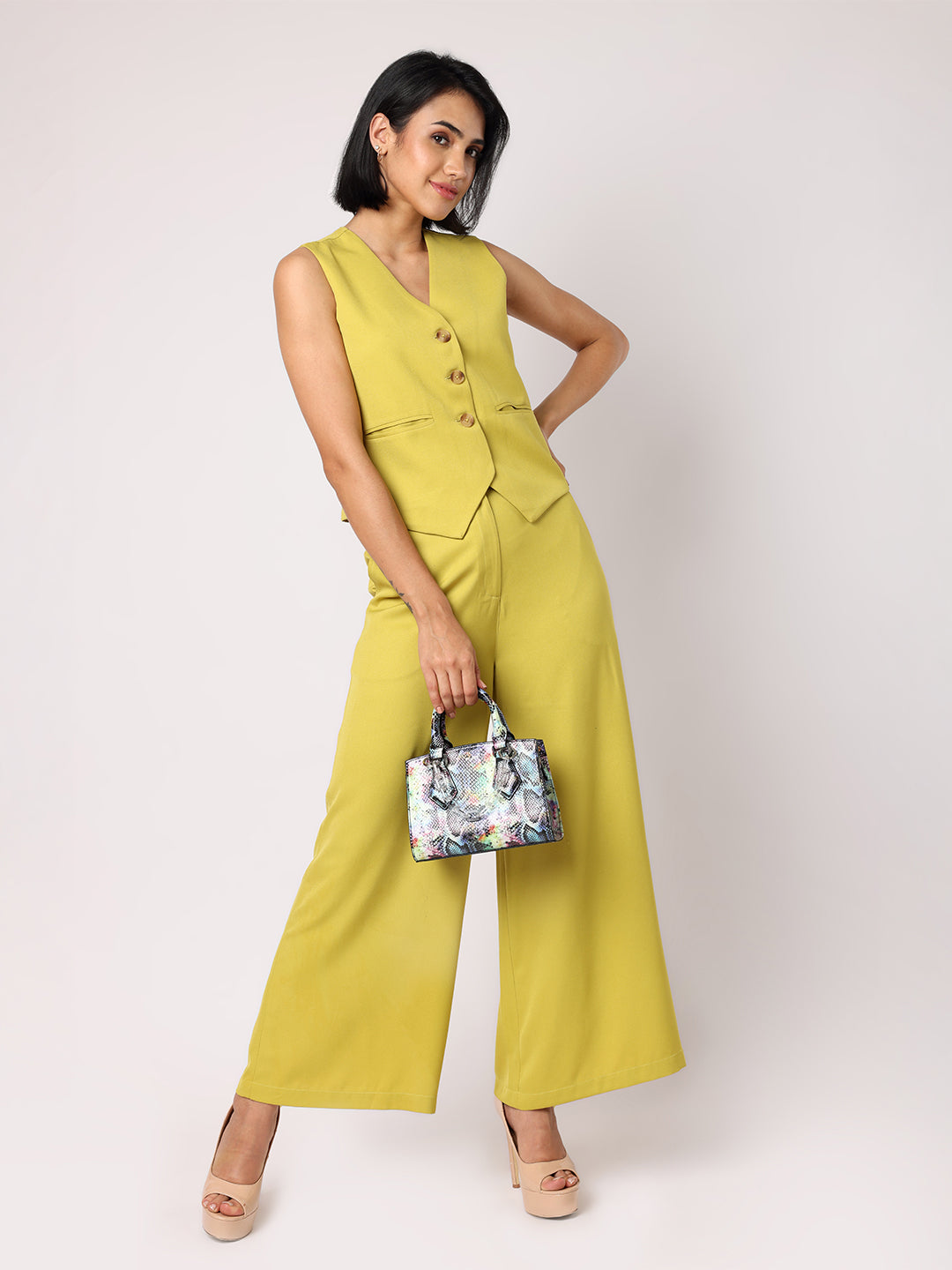 Blanc9 Women Lime Green Waist Coat With Trousers
