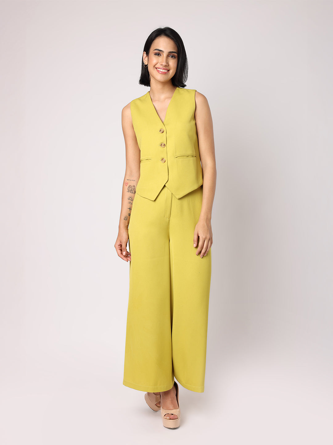 Blanc9 Women Lime Green Waist Coat With Trousers
