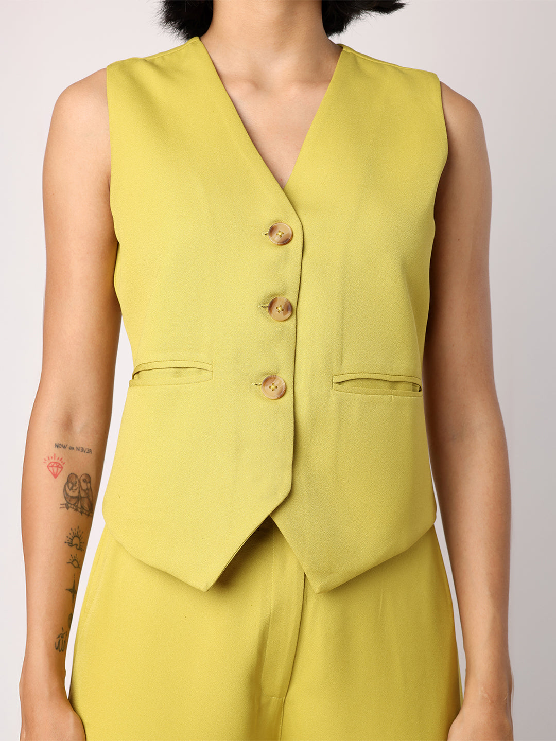 Blanc9 Women Lime Green Waist Coat With Trousers
