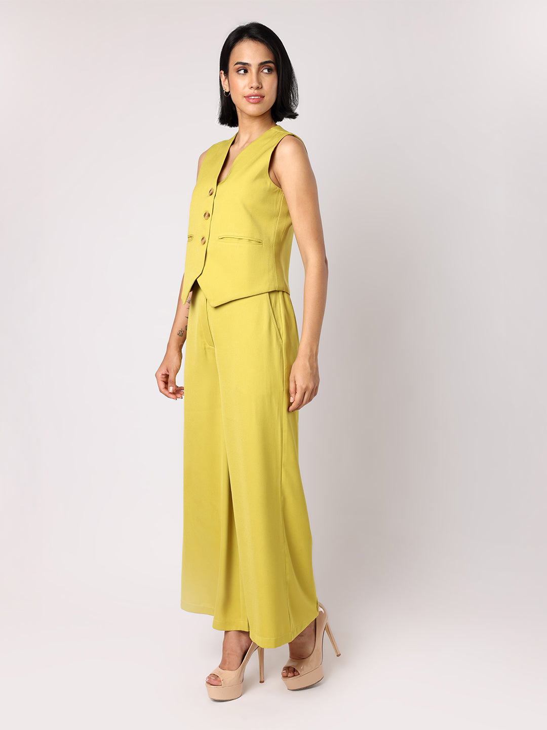 Blanc9 Women Lime Green Waist Coat With Trousers
