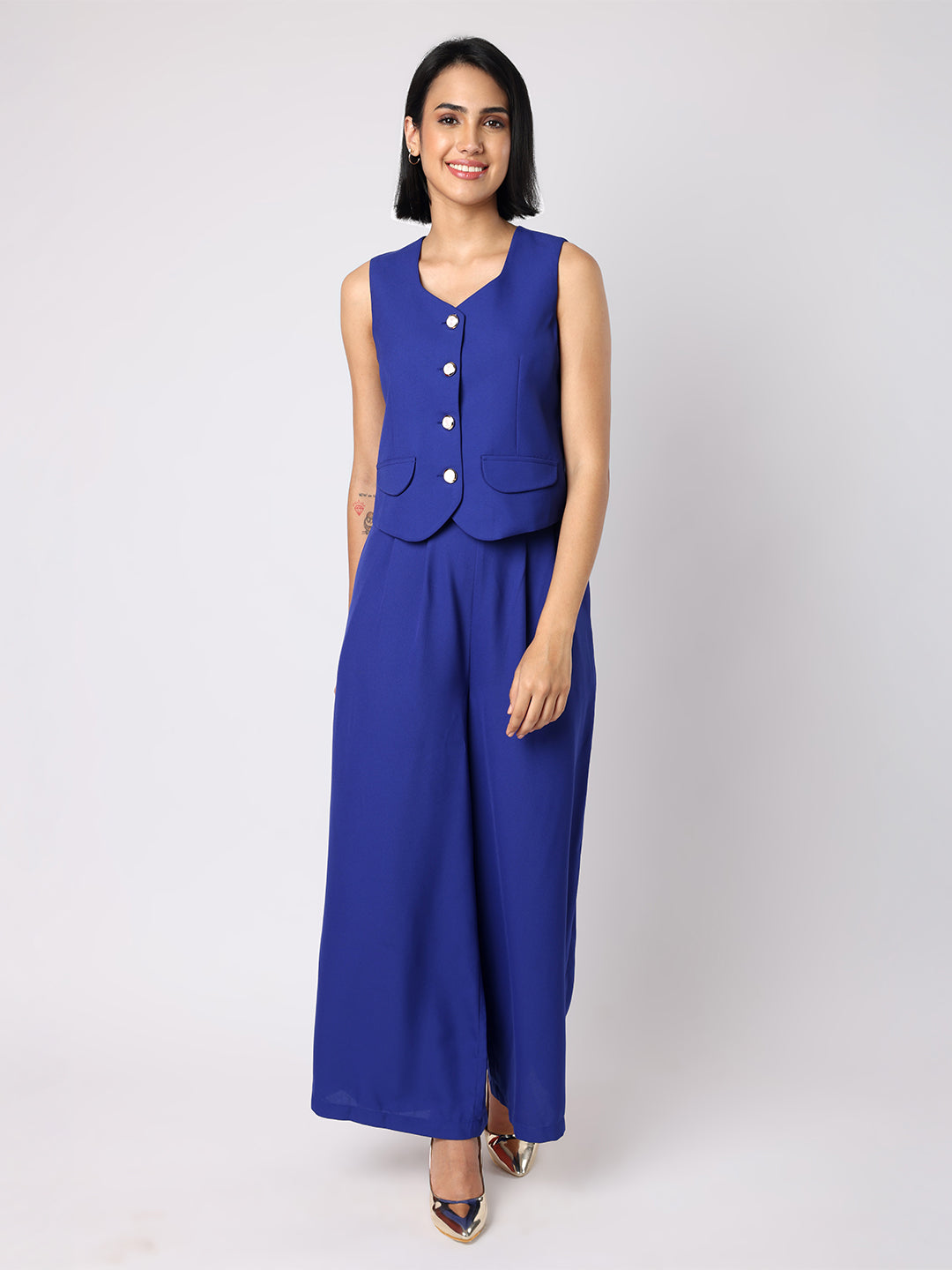 Blanc9 Women  Blue Waist Coat With Front Inverted Pleat Trousers
