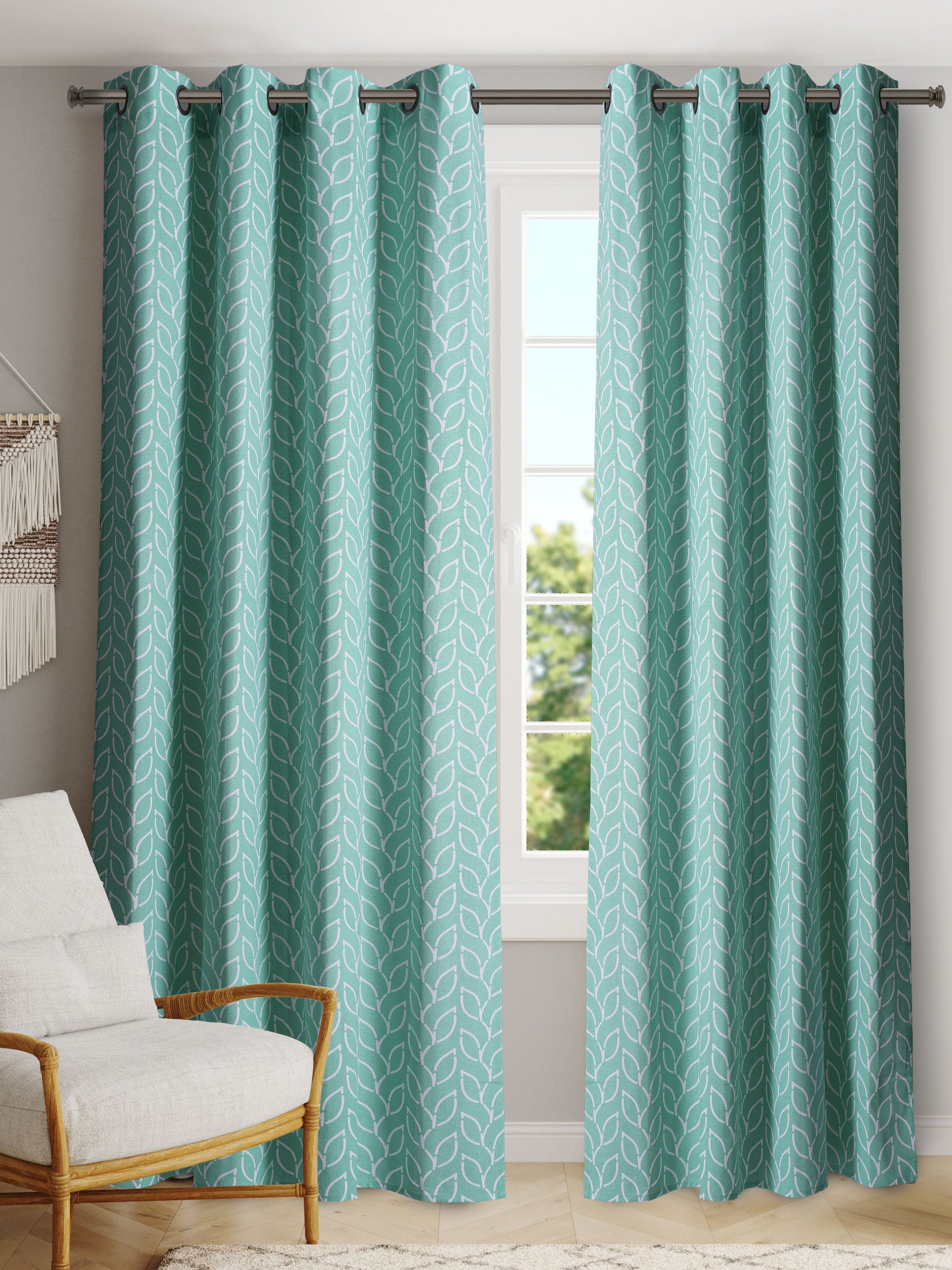 BranchletAquaPolyesterCottonPrintedCurtain