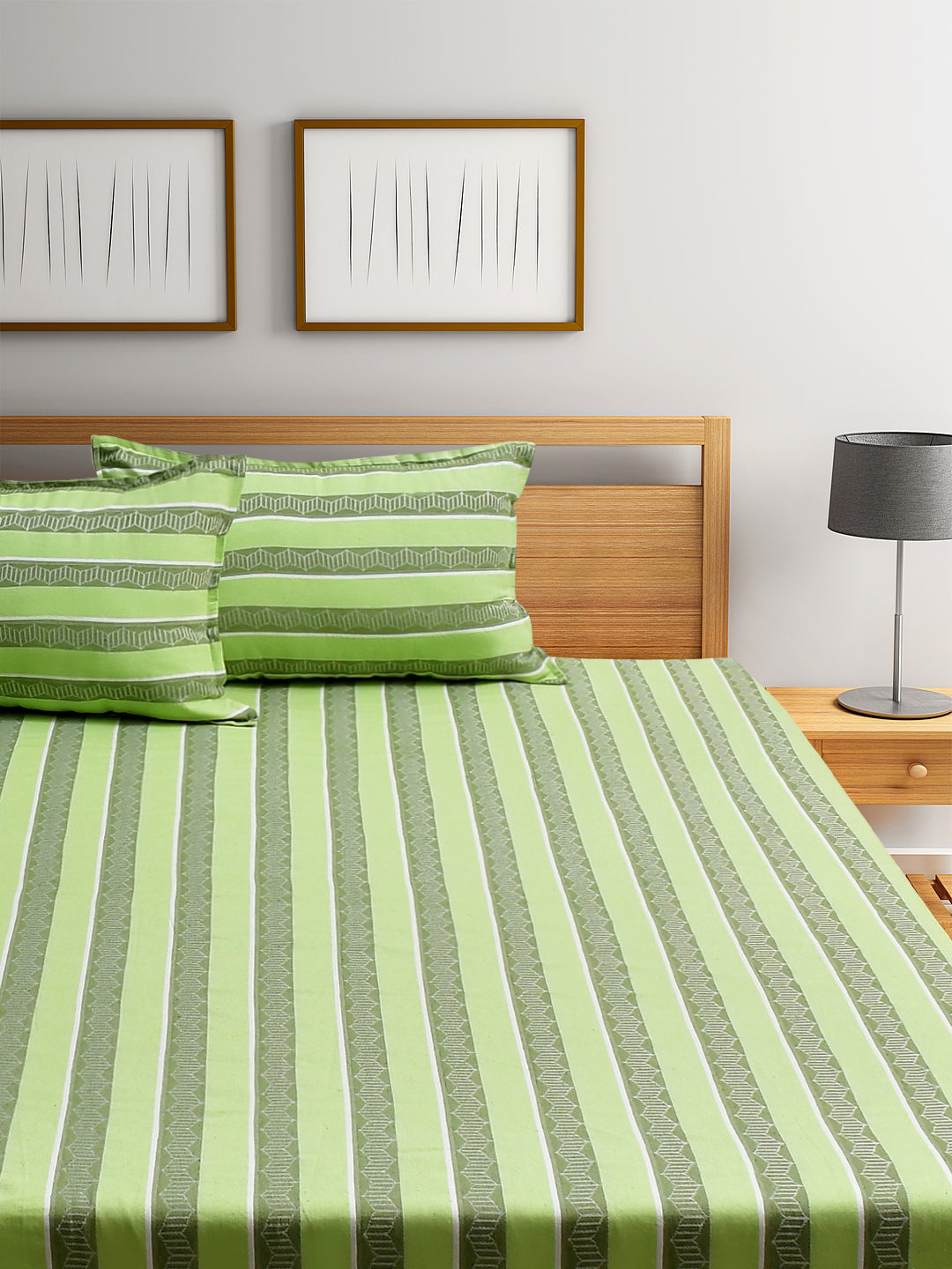 Jade Garden Jacquard Green Cotton Double Bedsheet with Pillows
