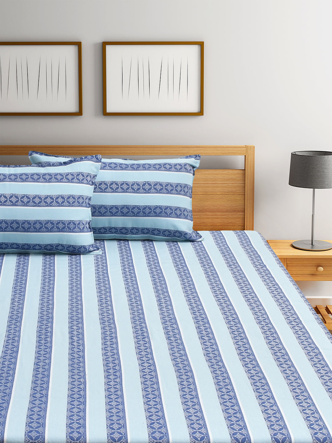 Sapphire River Jacquard Blue Cotton Double Bedsheet with Pillows