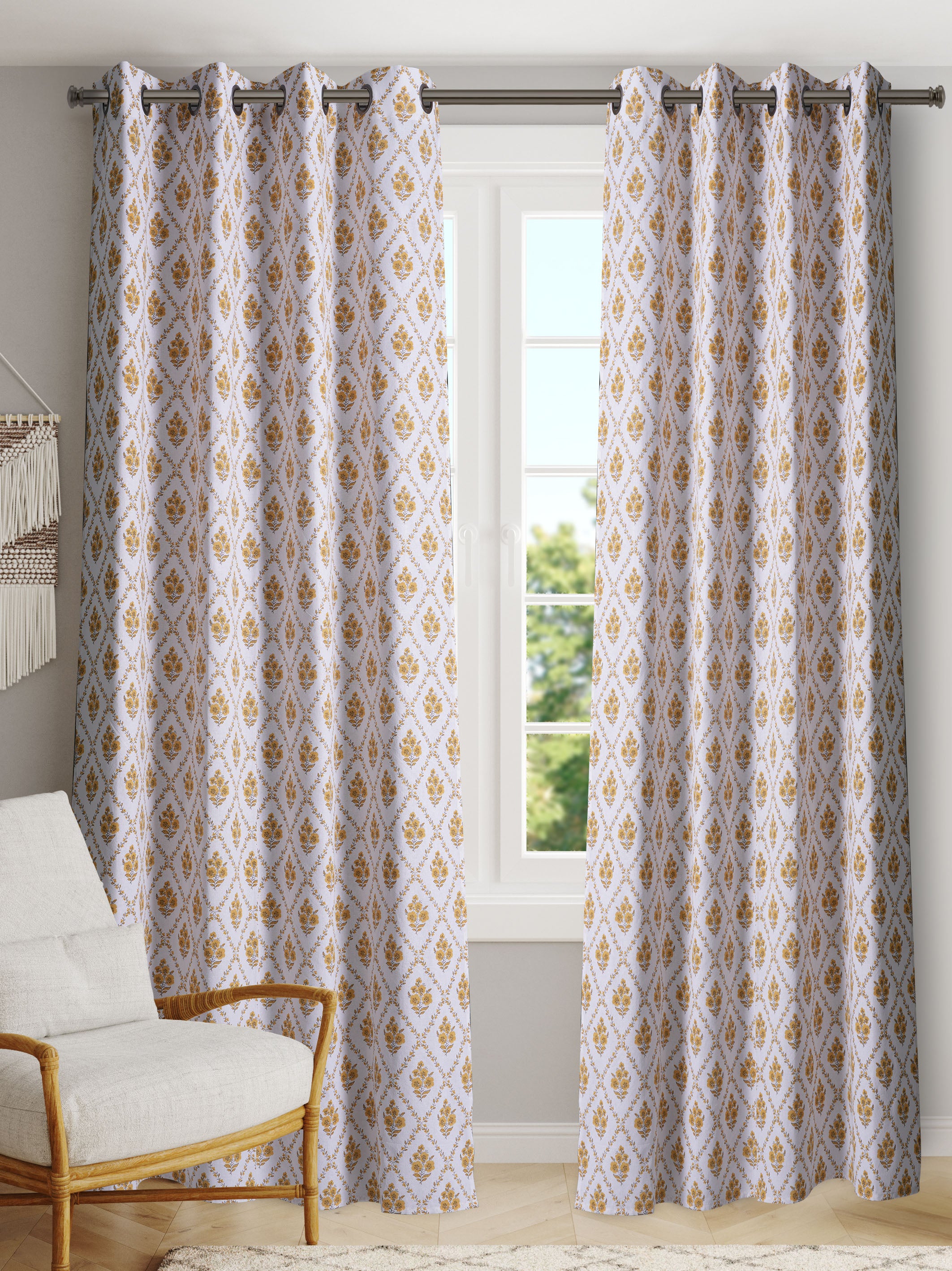 Daisy Yellow Polyester Cotton Printed Curtain