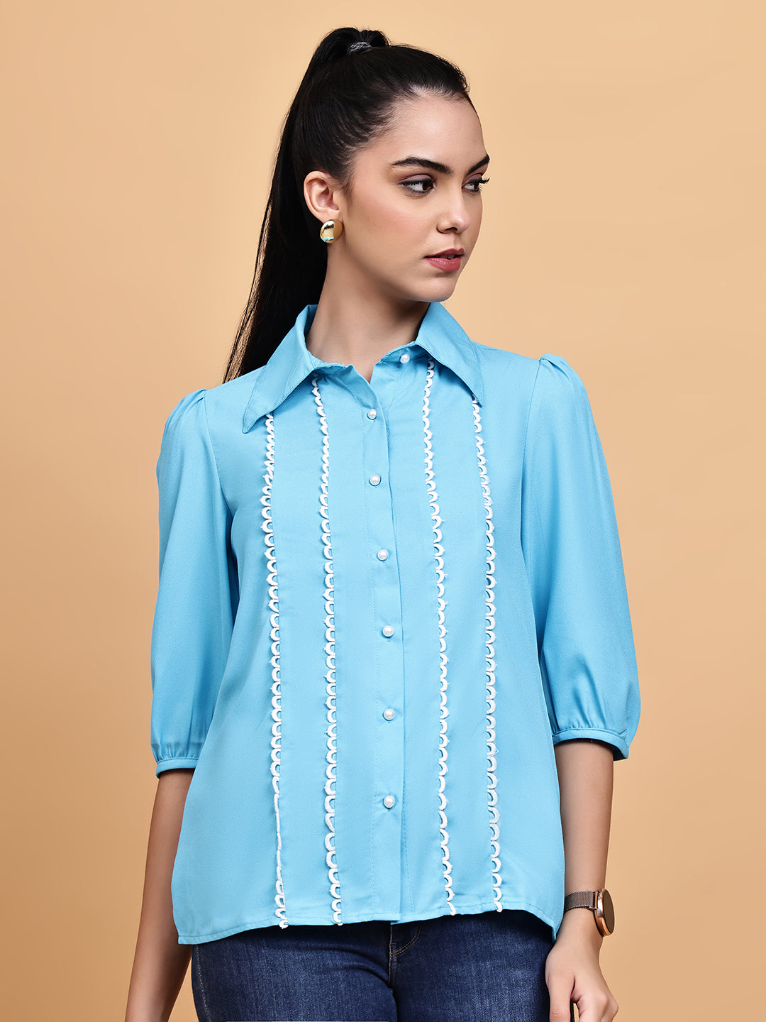 Deep cyan blue shirt with loop detail