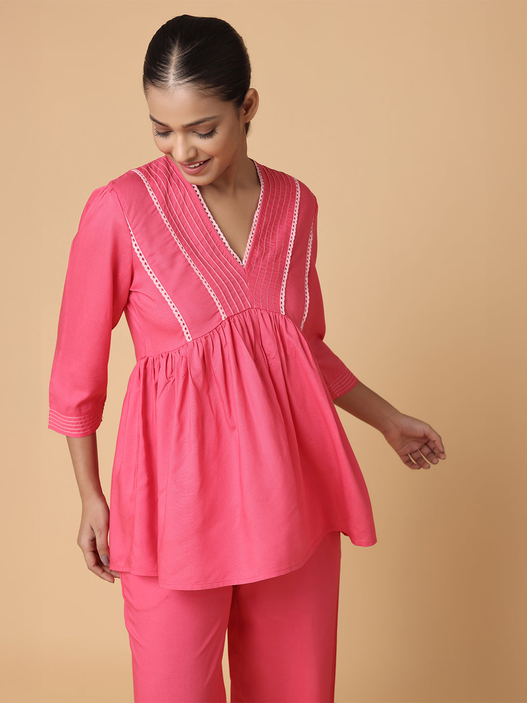 Fuchsia Pink Nightwear With Contrast Pink Lace At Yoke 