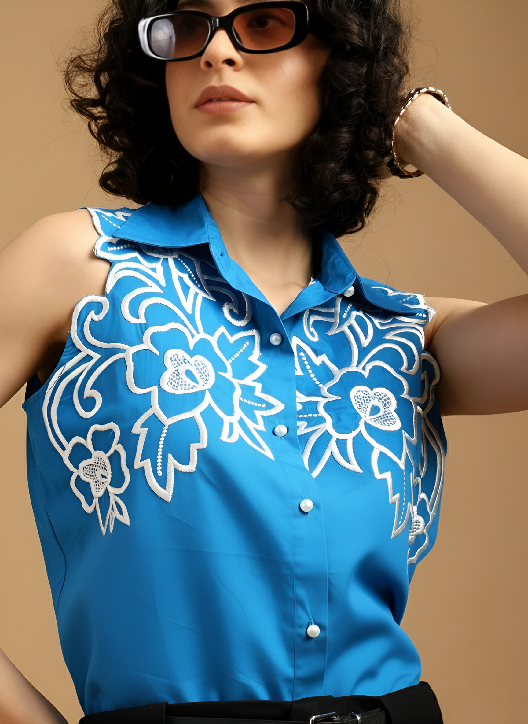 Blue Shirt with White Cut Out Embroidery