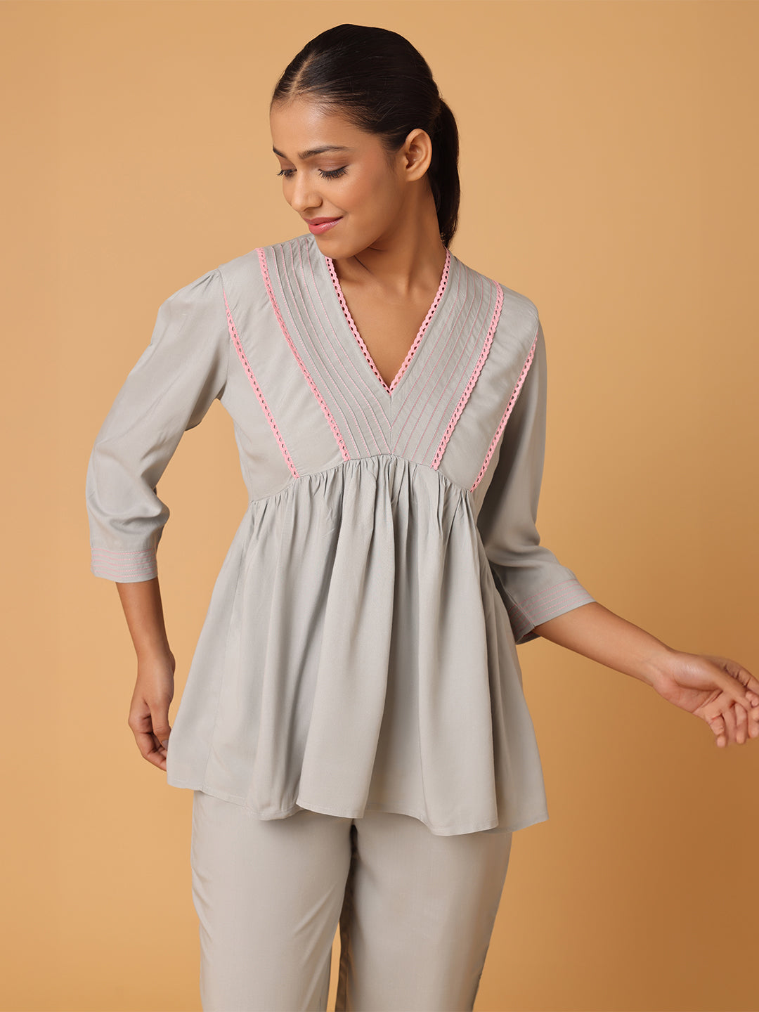 Grey Nightwear With Contrast Pink Lace At Yoke