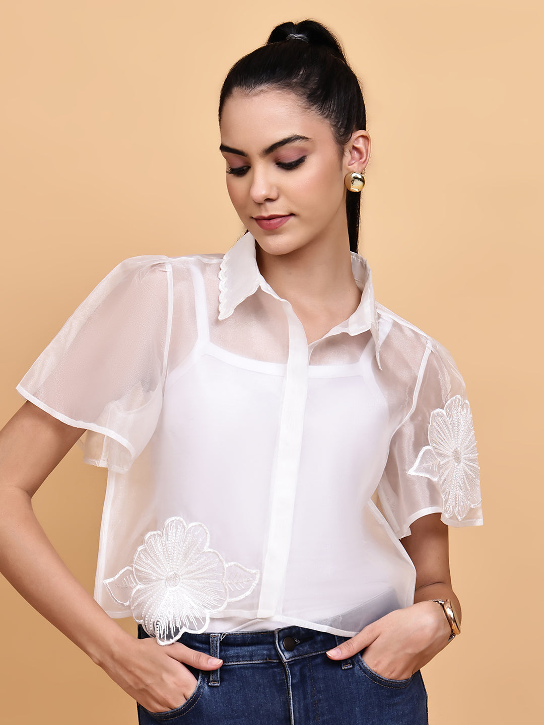 White Organza Floral Shirt