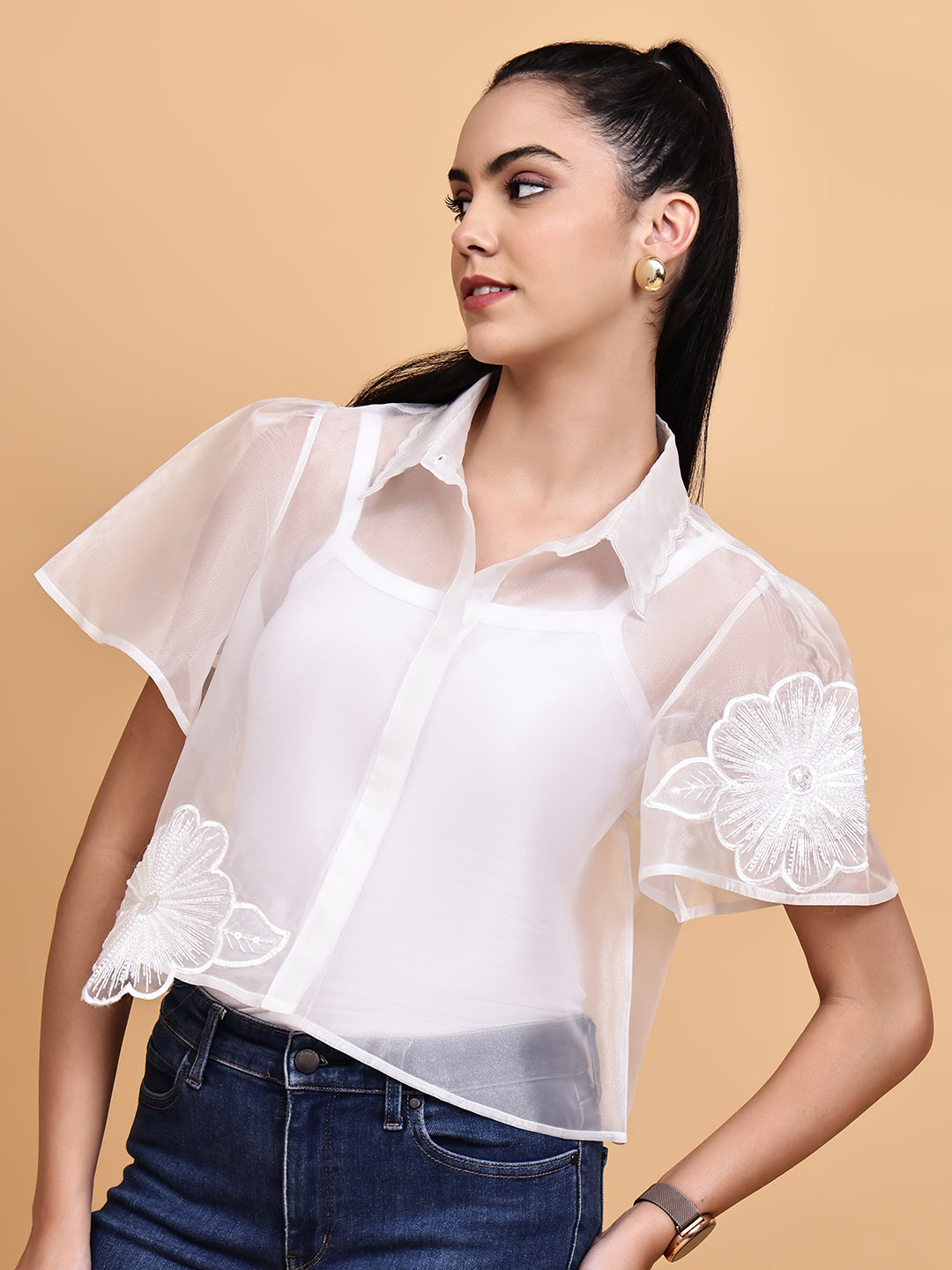 White Organza Floral Shirt