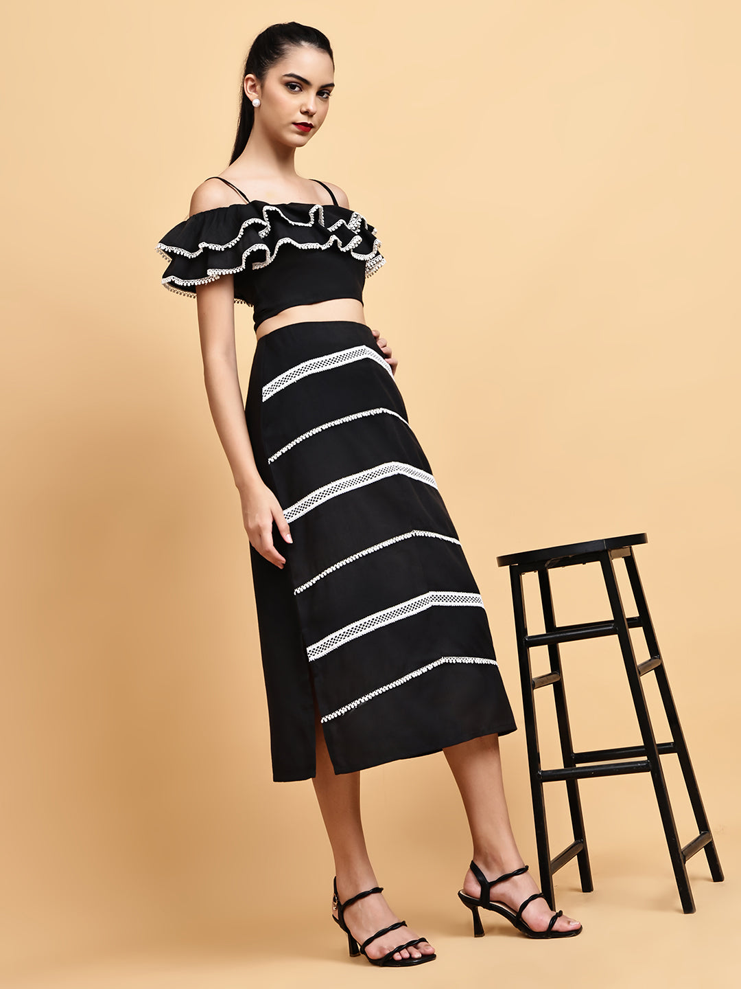 Black Beachy Top With Laced Skirt