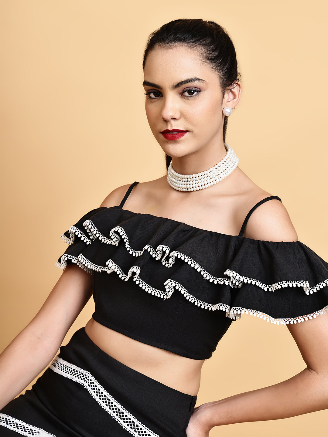 Black Beachy Top With Laced Skirt