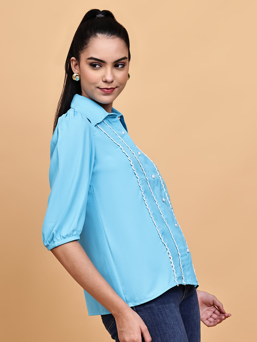 Deep cyan blue shirt with loop detail