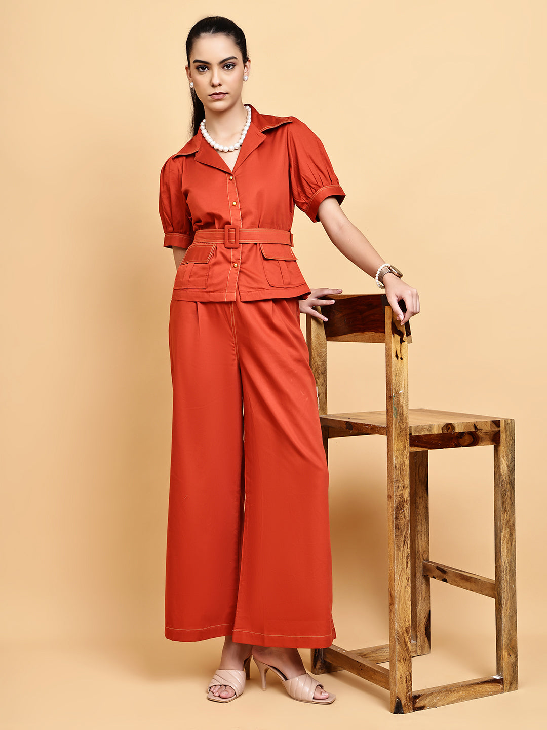 Rust Contrast thread detail co-ord set with belt