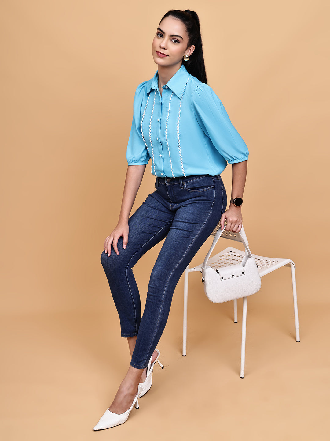 Deep cyan blue shirt with loop detail