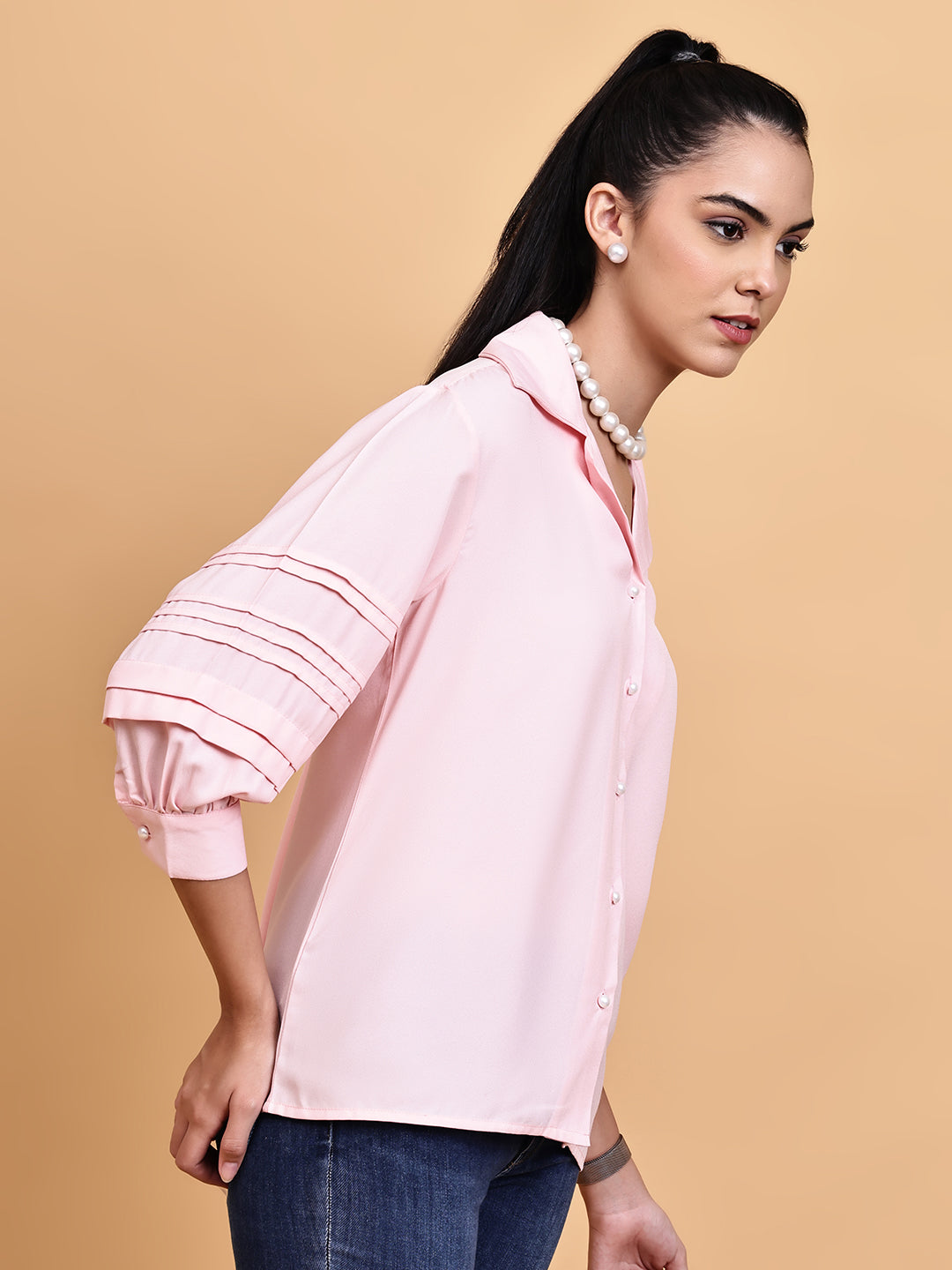 Pink Shirt with Pleated Sleeve