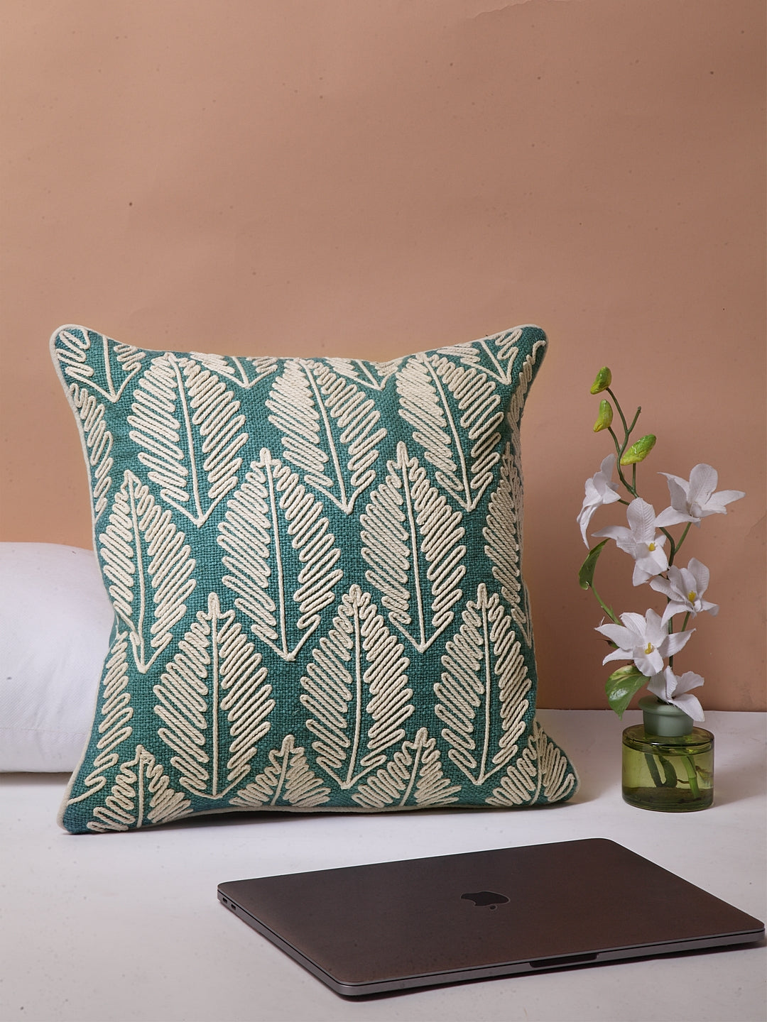 Blanc9 Blue Fern Embroidered Cushion Cover