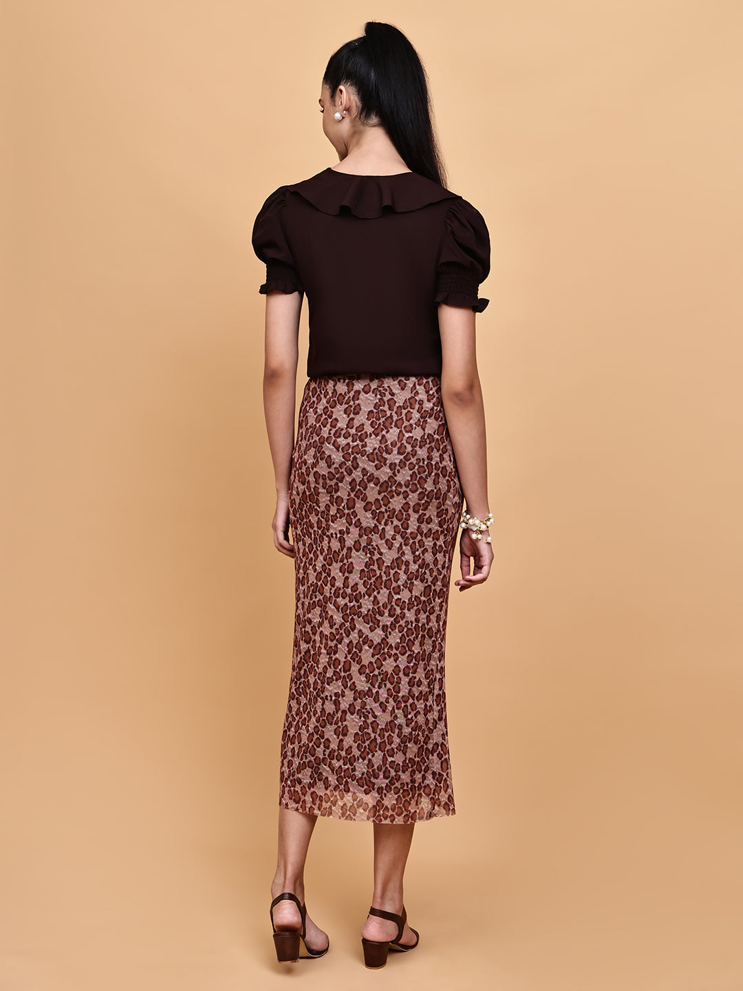 Brown Frill Top with Leaopard Pencil Skirt