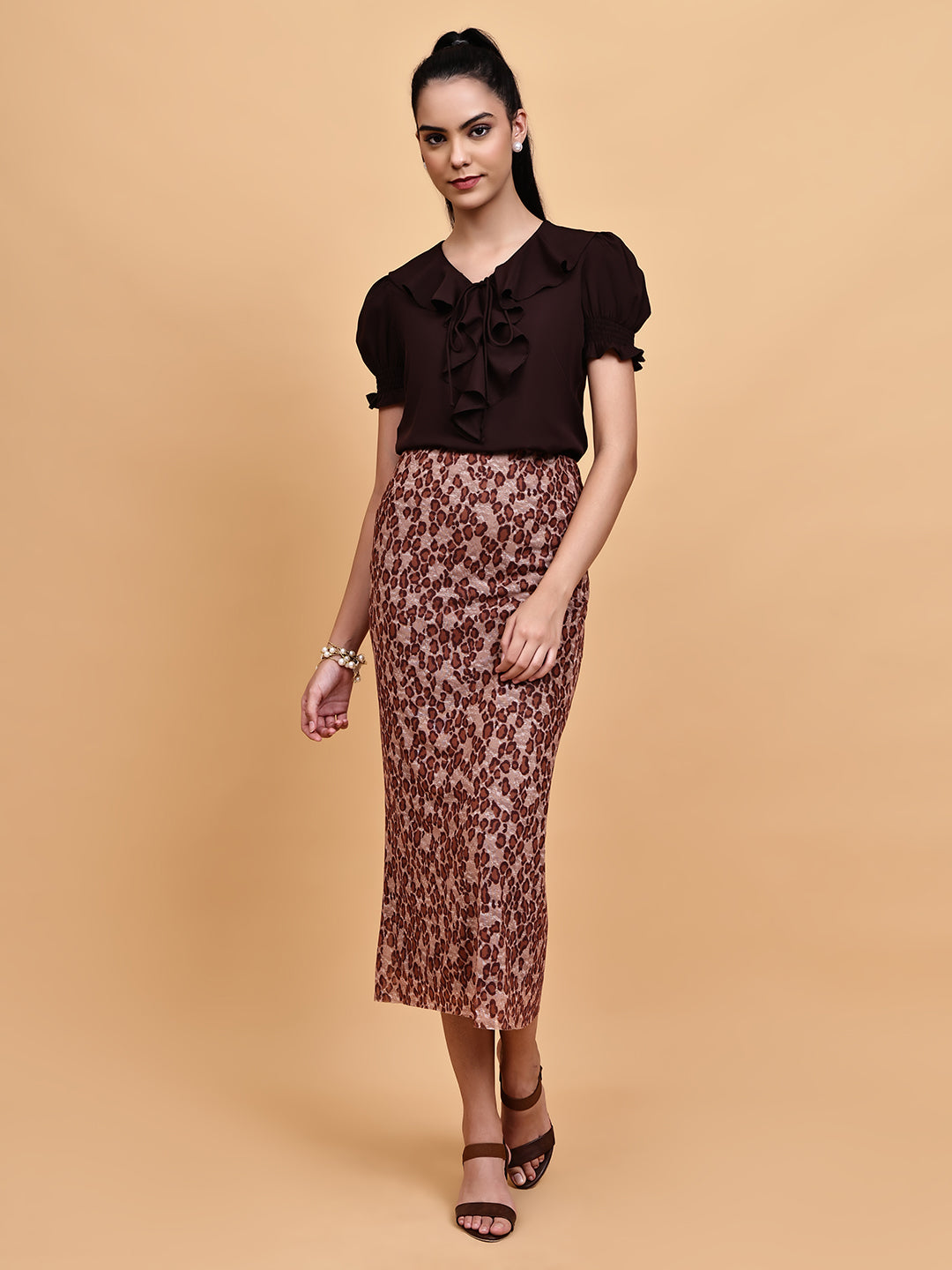Brown Frill Top with Leaopard Pencil Skirt