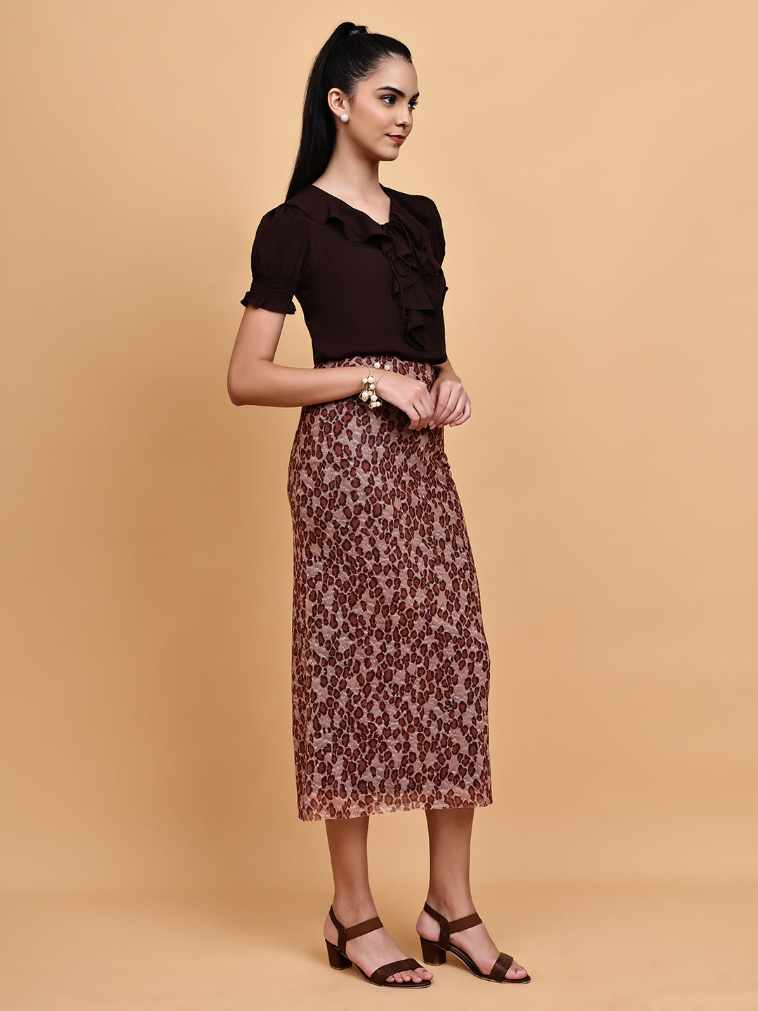 Brown Frill Top with Leaopard Pencil Skirt