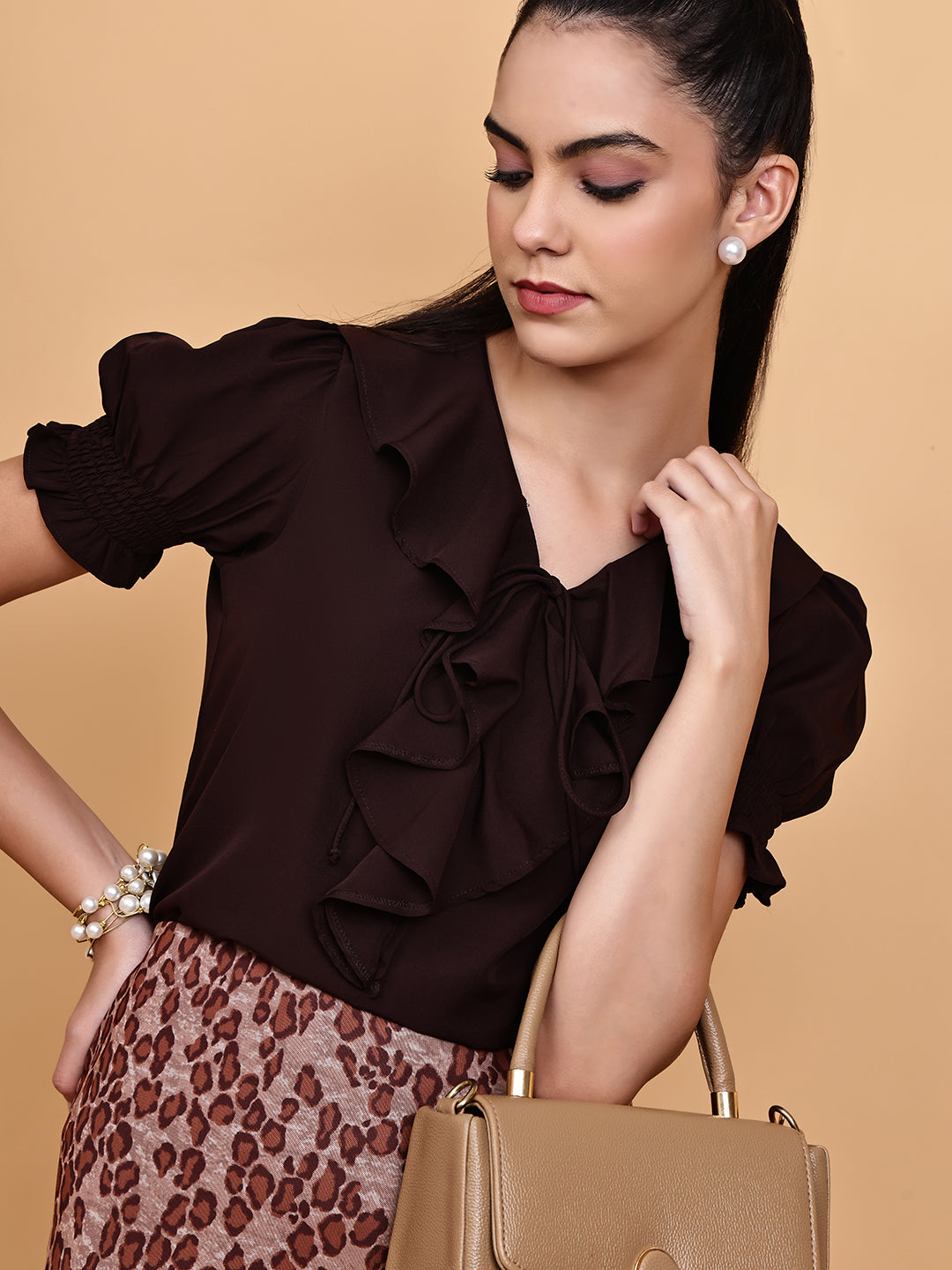 Brown Frill Top with Leaopard Pencil Skirt