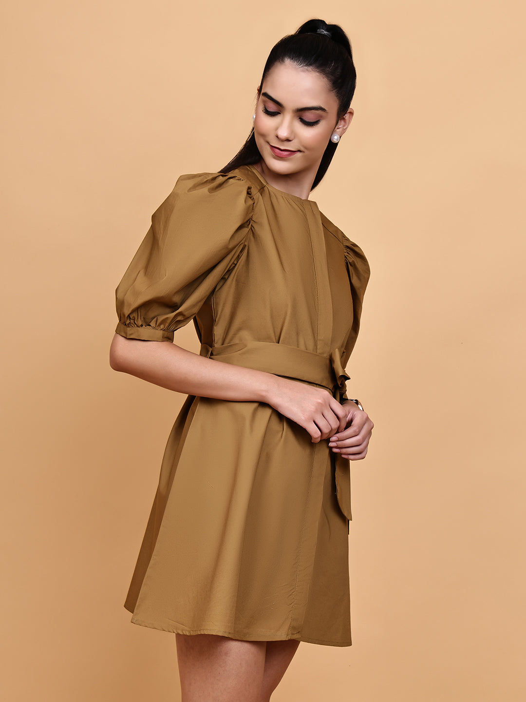 Mustard Short Dress with Belt