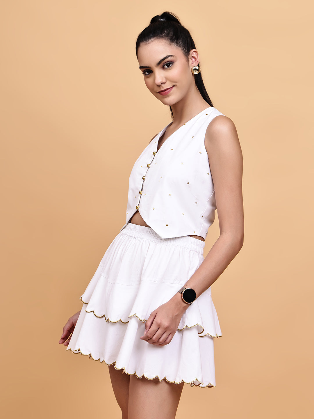 White Gold Waistcoat Skirt Set