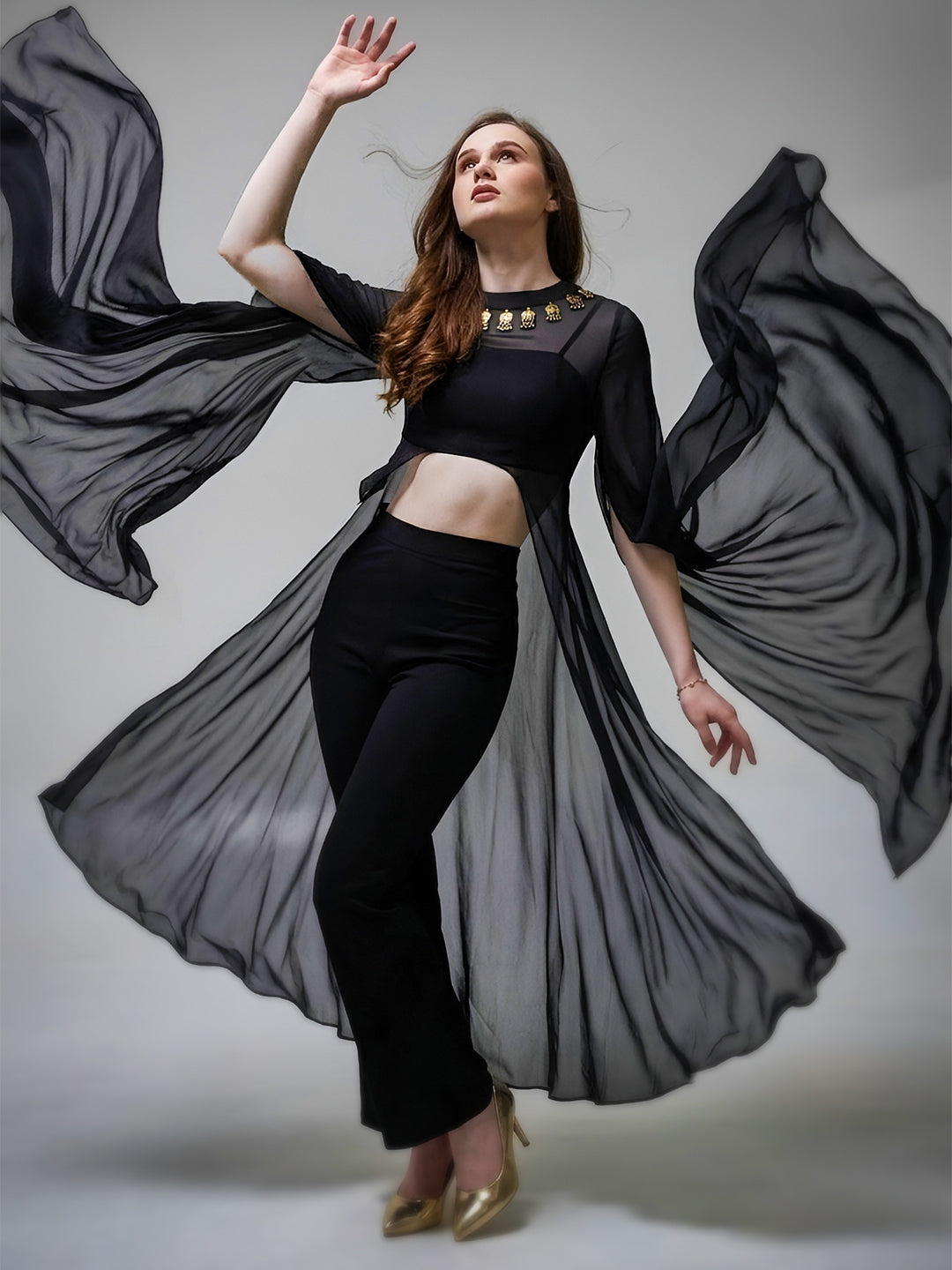 Dramatic Black cape with cami and trousers