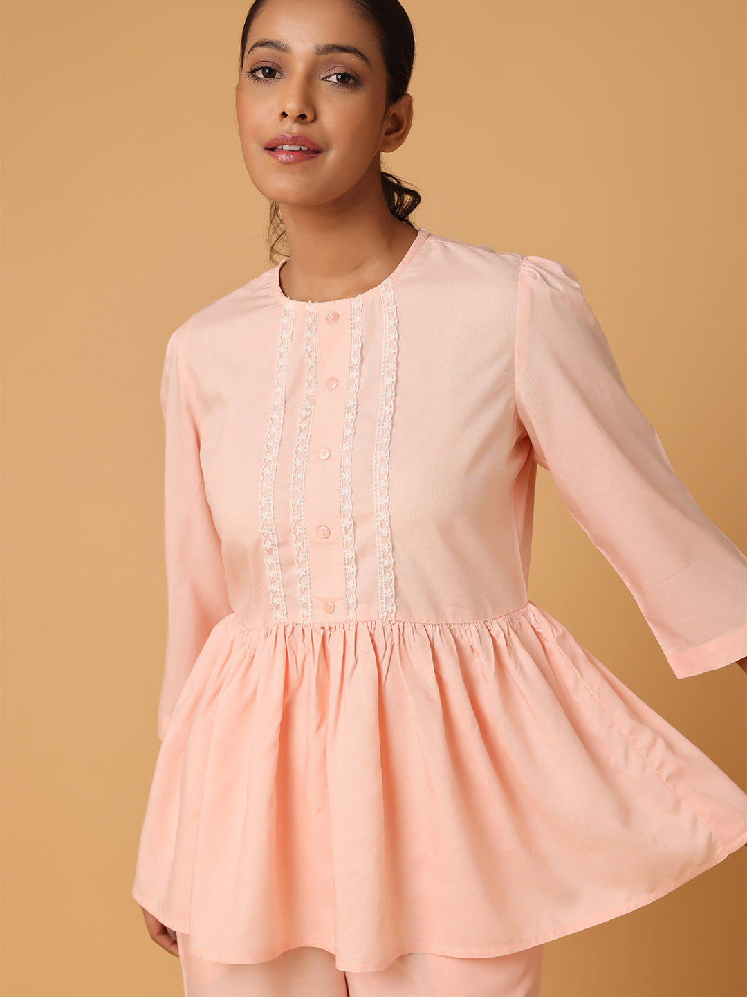 Peach Nightwear With Lace Yoke Detail
