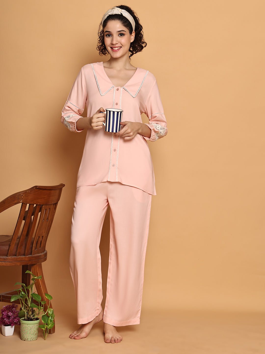 Peach Nightwear With Lace Inserts in Sleeves