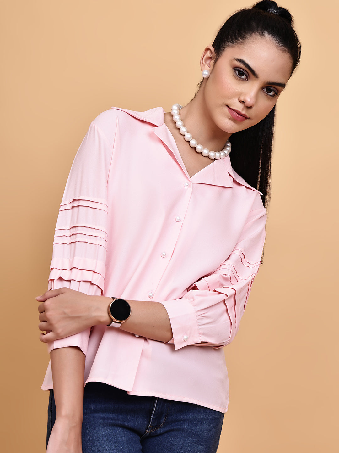 Pink Shirt with Pleated Sleeve