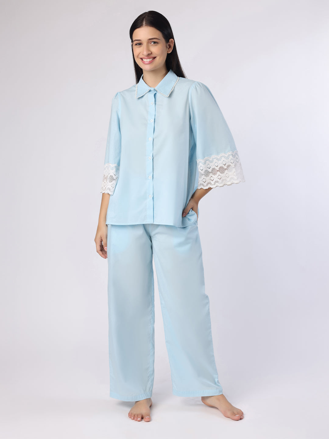 Sky Blue Nightwear With Lace Detail At Sleeves